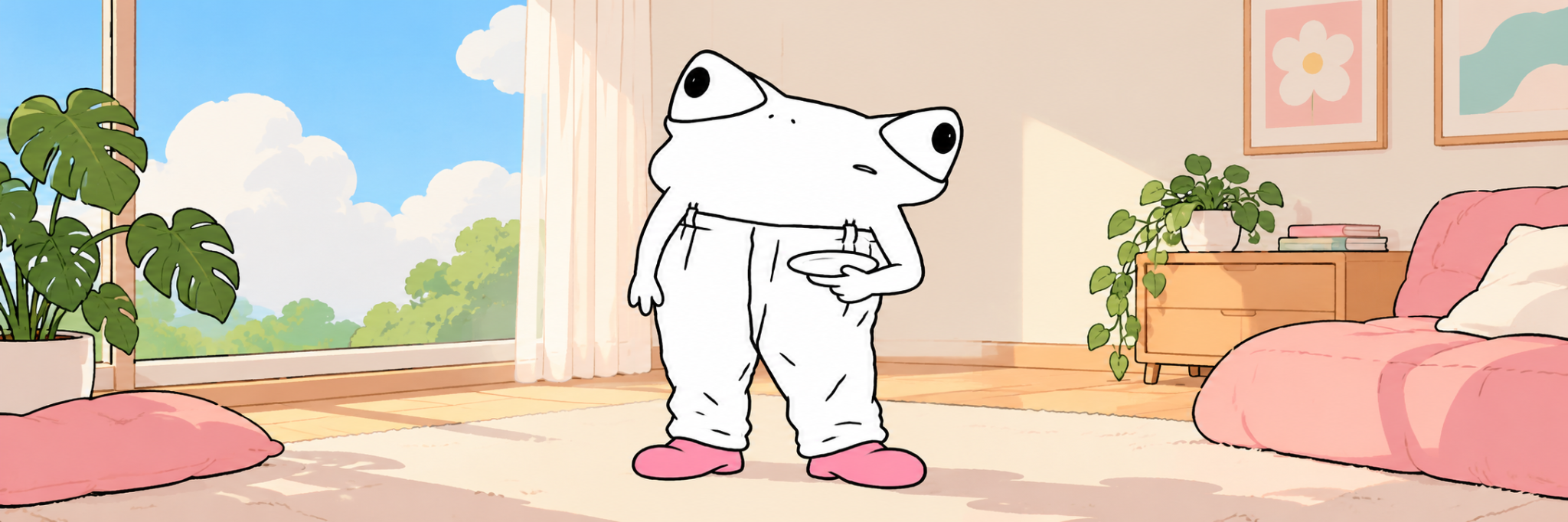 Platefrog in a cozy sunlit bedroom with pink furnishings and plants